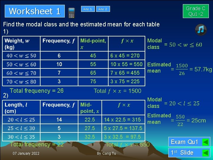 Worksheet 1 Ans 1 Grade C Qu 1 -2 Ans 2 Find the modal