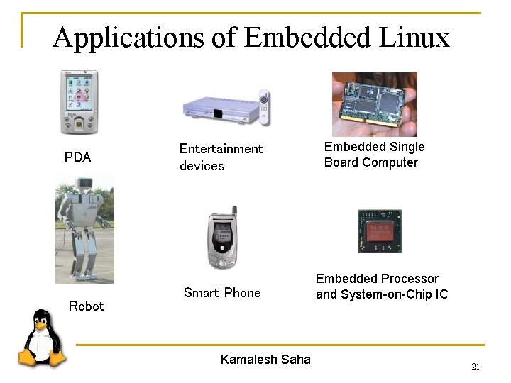 Applications of Embedded Linux PDA Robot Entertainment devices Smart Phone Kamalesh Saha Embedded Single