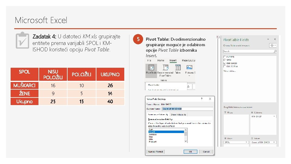 Microsoft Excel Zadatak 4: U datoteci KM. xls grupirajte entitete prema varijabli SPOL i