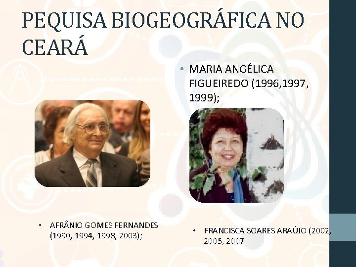 PEQUISA BIOGEOGRÁFICA NO CEARÁ • MARIA ANGÉLICA FIGUEIREDO (1996, 1997, 1999); • AFR NIO