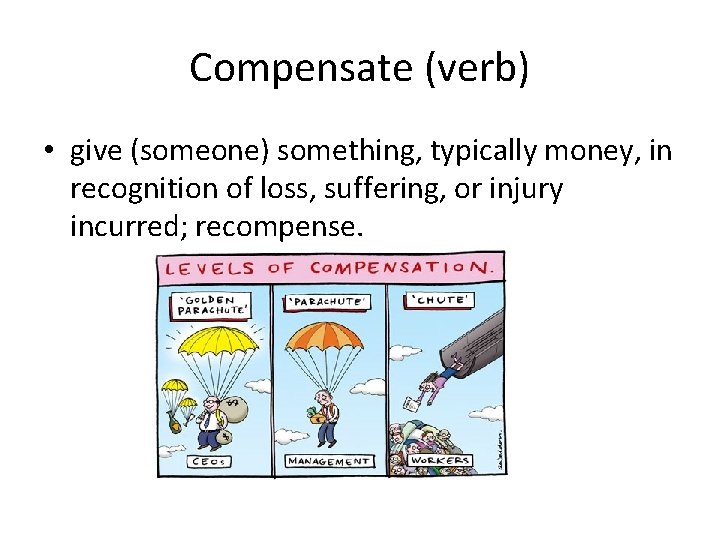 Compensate (verb) • give (someone) something, typically money, in recognition of loss, suffering, or