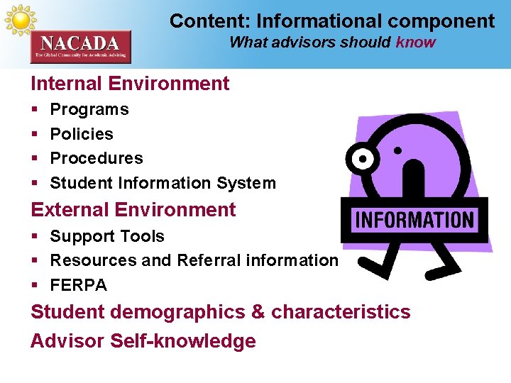 Content: Informational component What advisors should know Internal Environment § § Programs Policies Procedures