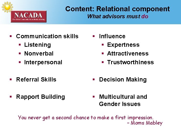 Content: Relational component What advisors must do § Communication skills § Listening § Nonverbal
