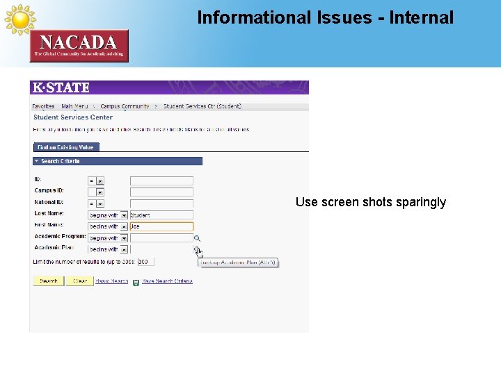 Informational Issues - Internal Use screen shots sparingly 
