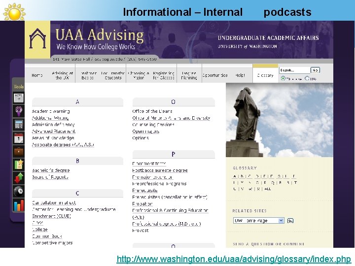 Informational – Internal podcasts http: //www. washington. edu/uaa/advising/glossary/index. php 