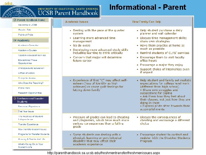 Informational - Parent http: //parenthandbook. sa. ucsb. edu/freshmentransfer/freshmenissues. aspx 