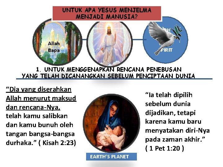 UNTUK APA YESUS MENJELMA MENJADI MANUSIA? ROH KUDUS HOLY SPIRIT Allah Bapa 1. UNTUK