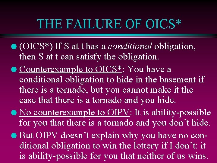 THE FAILURE OF OICS* (OICS*) If S at t has a conditional obligation, then