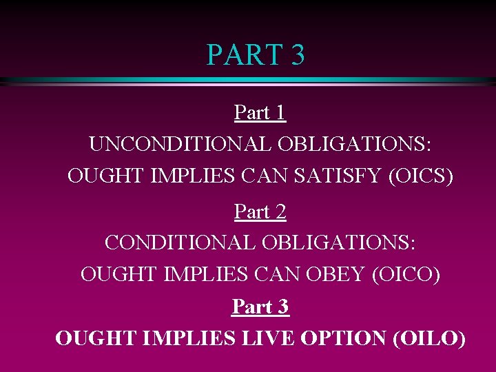 PART 3 Part 1 UNCONDITIONAL OBLIGATIONS: OUGHT IMPLIES CAN SATISFY (OICS) Part 2 CONDITIONAL