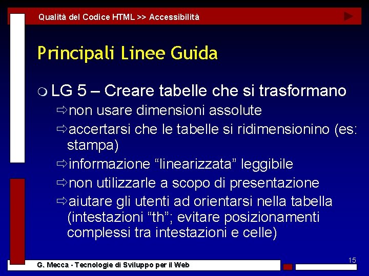 Qualità del Codice HTML >> Accessibilità Principali Linee Guida m LG 5 – Creare