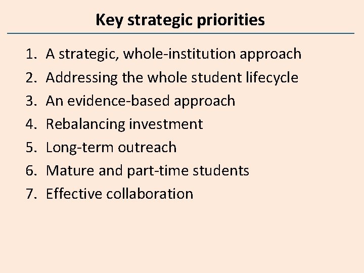Key strategic priorities 1. 2. 3. 4. 5. 6. 7. A strategic, whole-institution approach