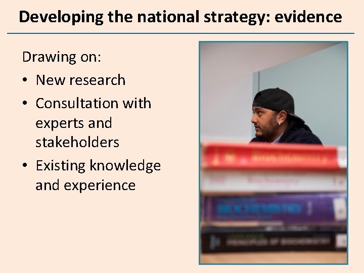 Developing the national strategy: evidence Drawing on: • New research • Consultation with experts