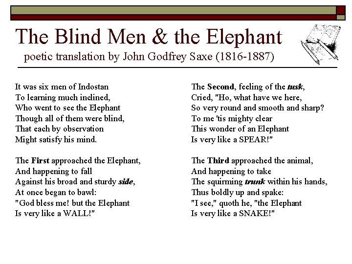 The Blind Men & the Elephant poetic translation by John Godfrey Saxe (1816 -1887)