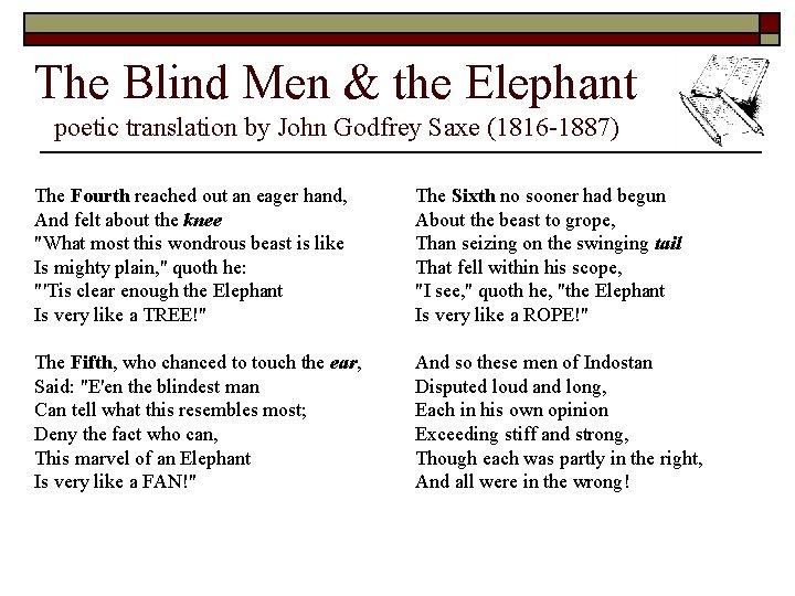 The Blind Men & the Elephant poetic translation by John Godfrey Saxe (1816 -1887)