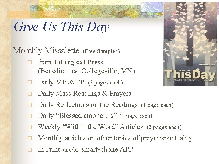 Give Us This Day Monthly Missalette (Free Samples) � from Liturgical Press (Benedictines, Collegeville,