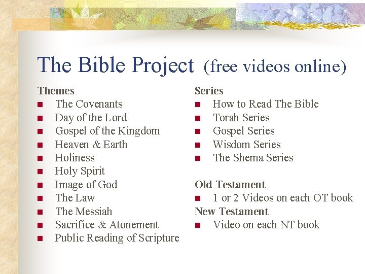 The Bible Project (free videos online) Themes n The Covenants n Day of the