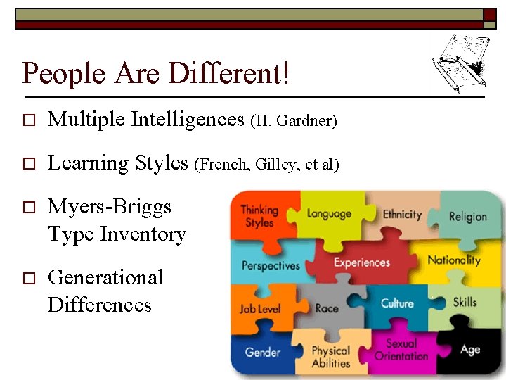 People Are Different! o Multiple Intelligences (H. Gardner) o Learning Styles (French, Gilley, et