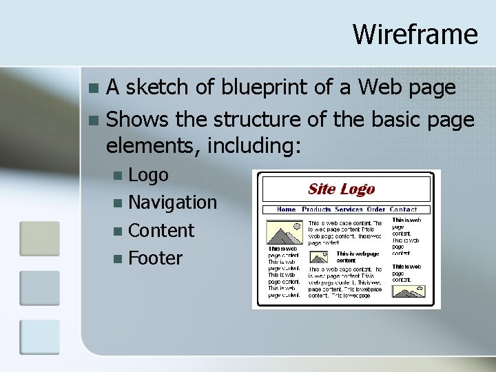 Wireframe A sketch of blueprint of a Web page n Shows the structure of