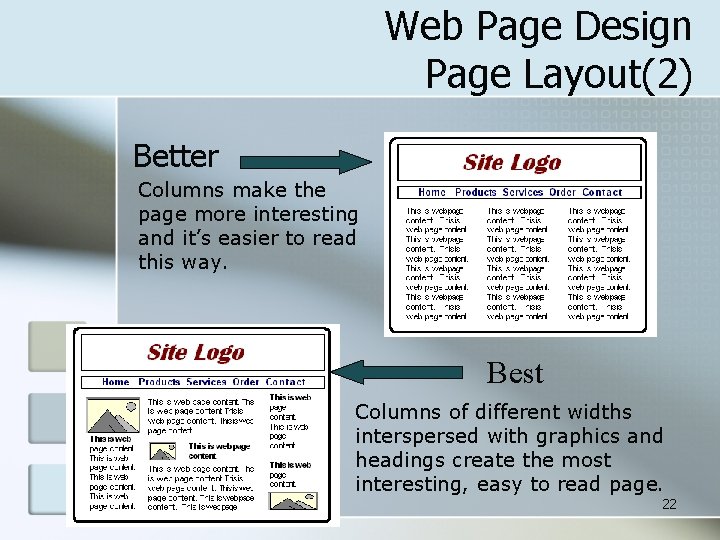 Web Page Design Page Layout(2) Better Columns make the page more interesting and it’s