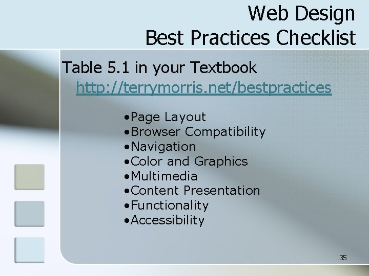 Web Design Best Practices Checklist Table 5. 1 in your Textbook http: //terrymorris. net/bestpractices