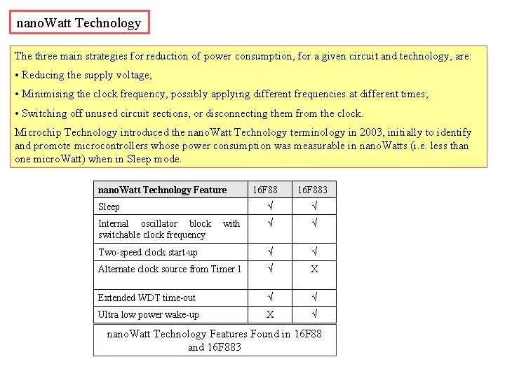 nano. Watt Technology The three main strategies for reduction of power consumption, for a