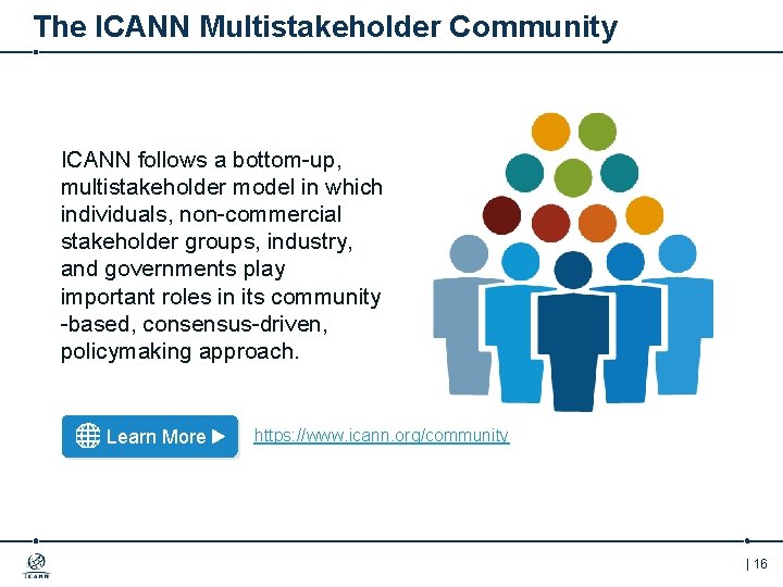 The ICANN Multistakeholder Community ICANN follows a bottom-up, multistakeholder model in which individuals, non-commercial