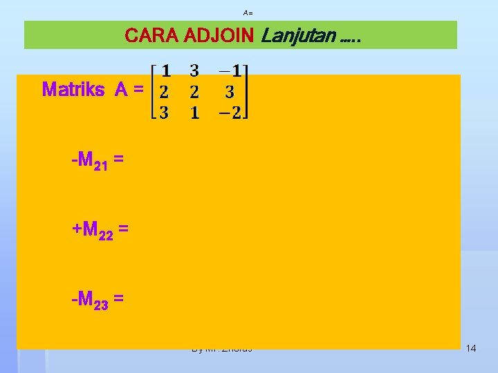 A= CARA ADJOIN Lanjutan …. . Matriks A = -M 21 = +M 22