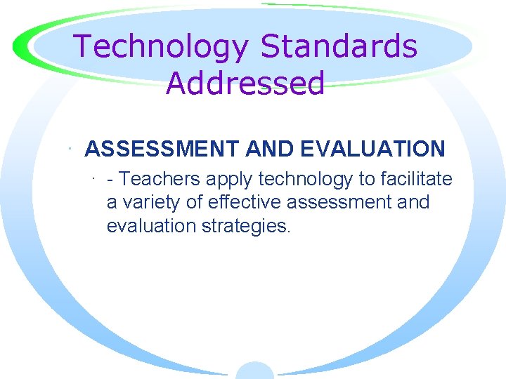 Technology Standards Addressed · ASSESSMENT AND EVALUATION · - Teachers apply technology to facilitate