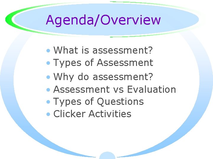 Agenda/Overview • What is assessment? • Types of Assessment • Why do assessment? •