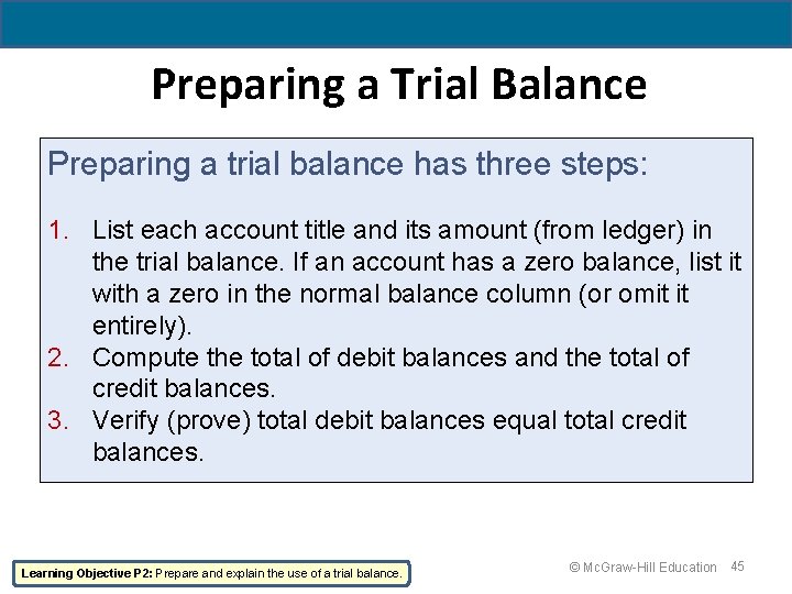 Preparing a Trial Balance Preparing a trial balance has three steps: 1. List each