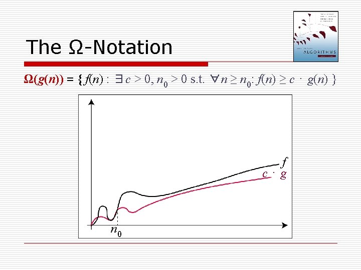 The Ω-Notation Ω(g(n)) = { f(n) : ∃c > 0, n 0 > 0
