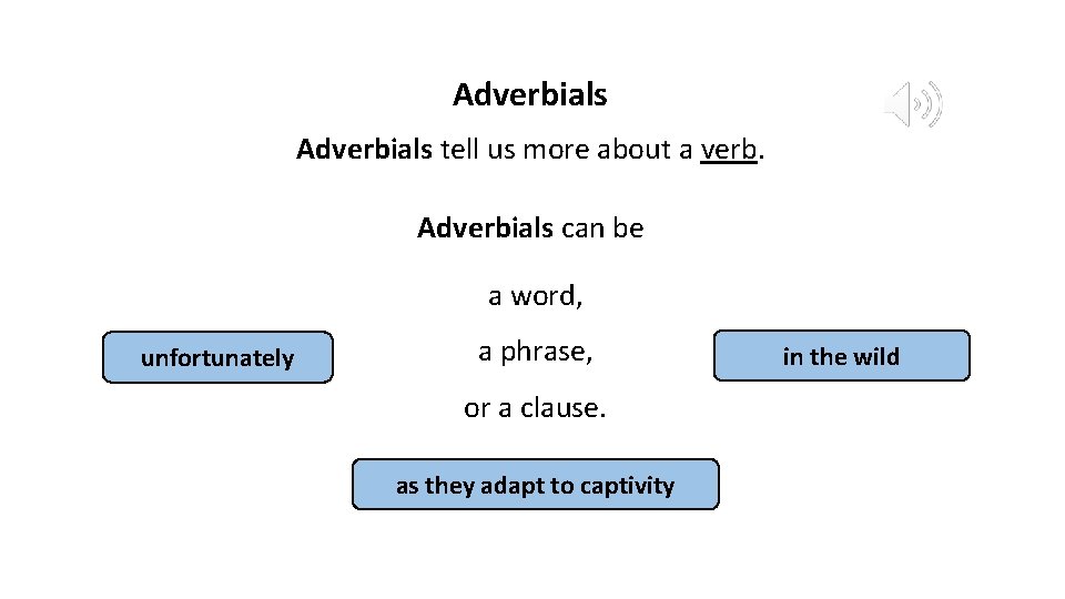 Adverbials tell us more about a verb. Adverbials can be a word, unfortunately a