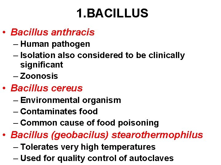 1. BACILLUS • Bacillus anthracis – Human pathogen – Isolation also considered to be