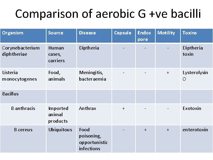 Comparison of aerobic G +ve bacilli Organism Source Disease Capsule Endos pore Corynebacterium diphtheriae