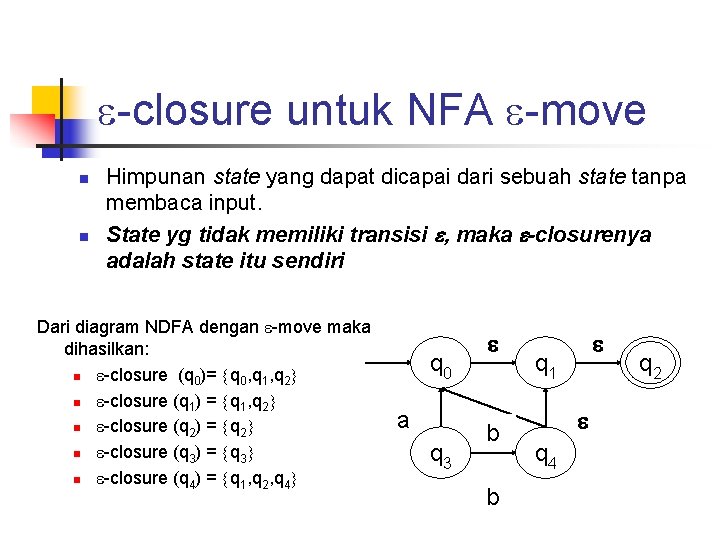  -closure untuk NFA -move n n Himpunan state yang dapat dicapai dari sebuah