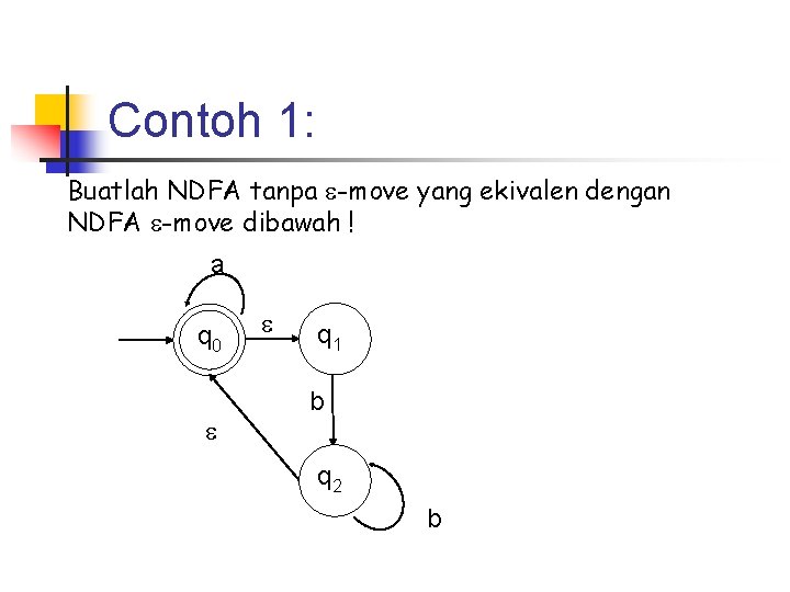 Contoh 1: Buatlah NDFA tanpa -move yang ekivalen dengan NDFA -move dibawah ! a