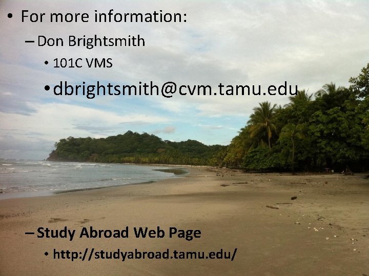  • For more information: – Don Brightsmith • 101 C VMS • dbrightsmith@cvm.