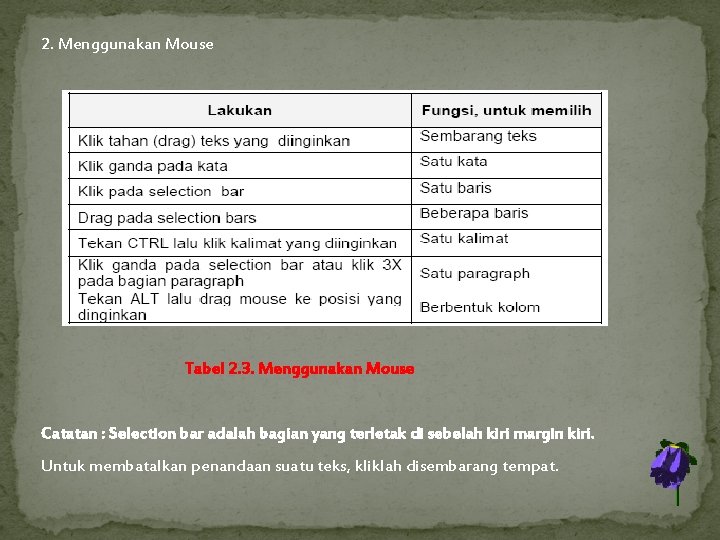 2. Menggunakan Mouse Tabel 2. 3. Menggunakan Mouse Catatan : Selection bar adalah bagian