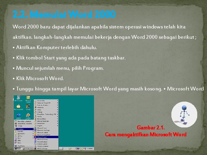 2. 2. Memulai Word 2000 baru dapat dijalankan apabila sistem operasi windows telah kita