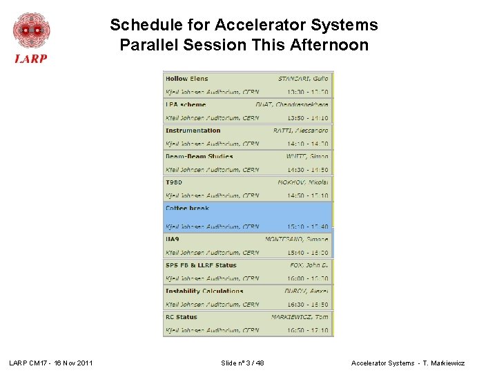 Schedule for Accelerator Systems Parallel Session This Afternoon LARP CM 17 - 16 Nov