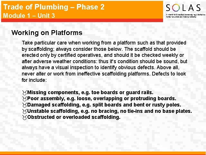 Trade of Plumbing – Phase 2 Module 1 – Unit 3 Working on Platforms