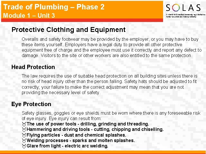 Trade of Plumbing – Phase 2 Module 1 – Unit 3 Protective Clothing and