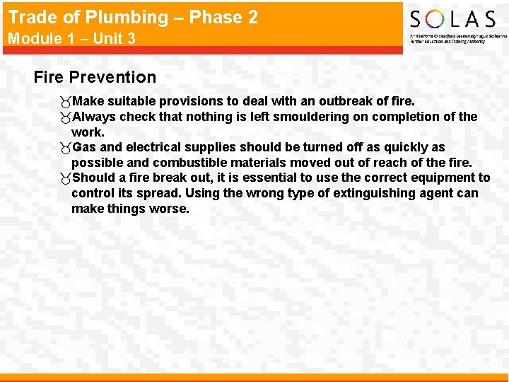 Trade of Plumbing – Phase 2 Module 1 – Unit 3 Fire Prevention _Make
