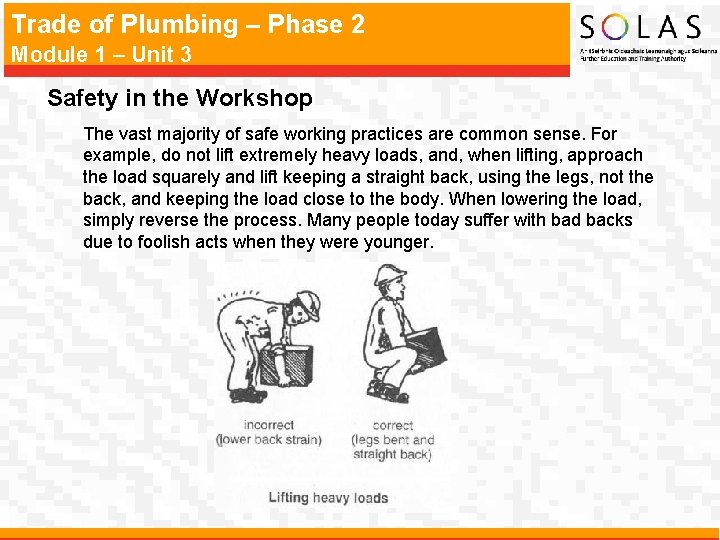 Trade of Plumbing – Phase 2 Module 1 – Unit 3 Safety in the