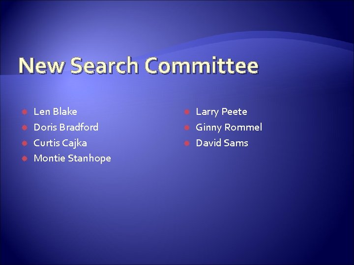New Search Committee Len Blake Doris Bradford Curtis Cajka Montie Stanhope Larry Peete Ginny