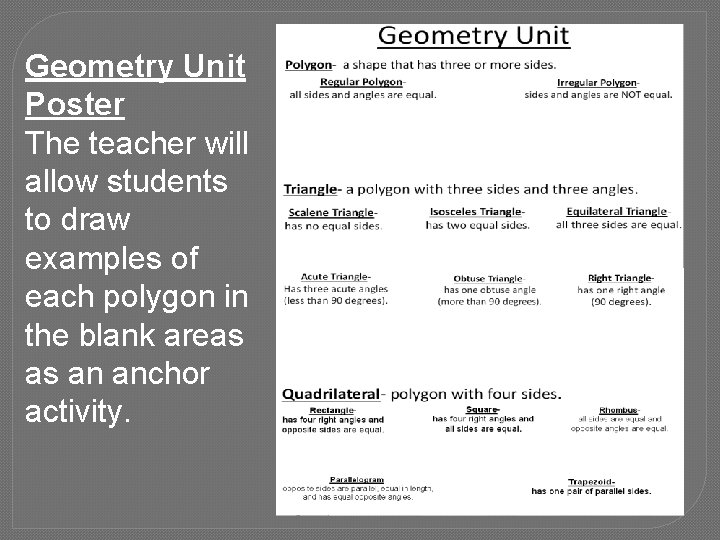 Geometry Unit Poster The teacher will allow students to draw examples of each polygon