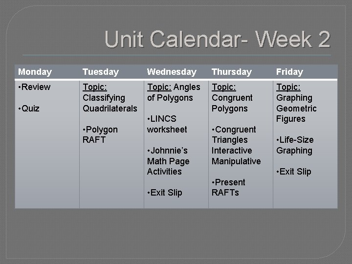 Unit Calendar- Week 2 Monday Tuesday Wednesday Thursday Friday • Review Topic: Classifying Quadrilaterals