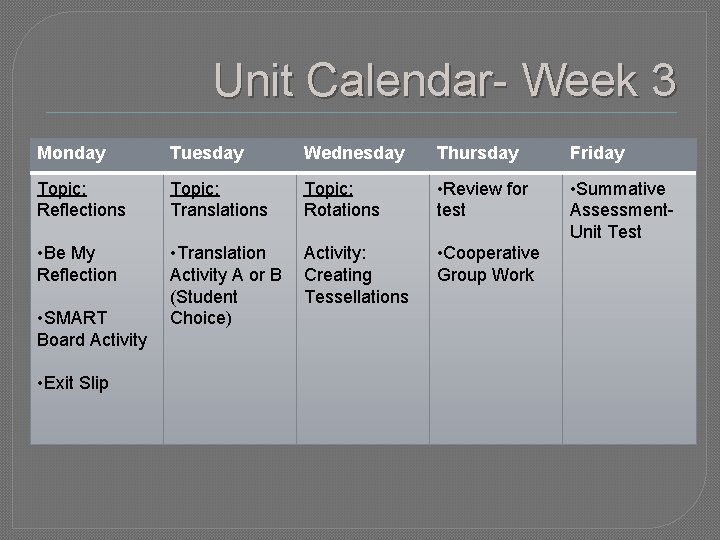 Unit Calendar- Week 3 Monday Tuesday Wednesday Thursday Friday Topic: Reflections Topic: Translations Topic: