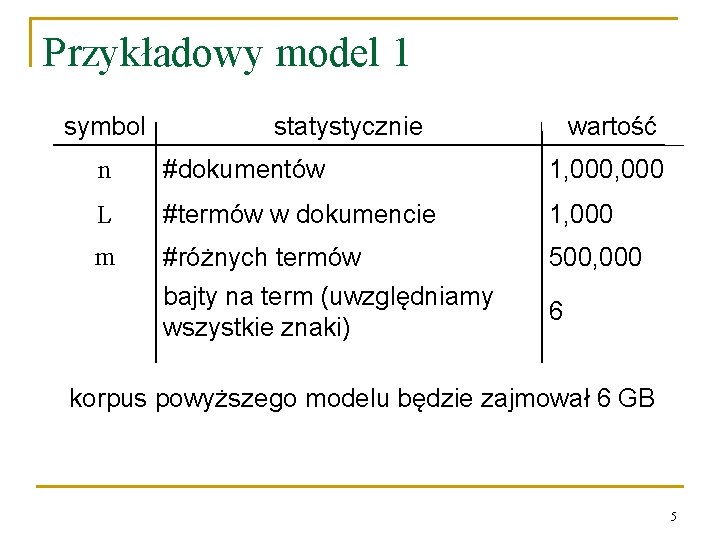 Przykładowy model 1 symbol statystycznie wartość n #dokumentów 1, 000 L #termów w dokumencie