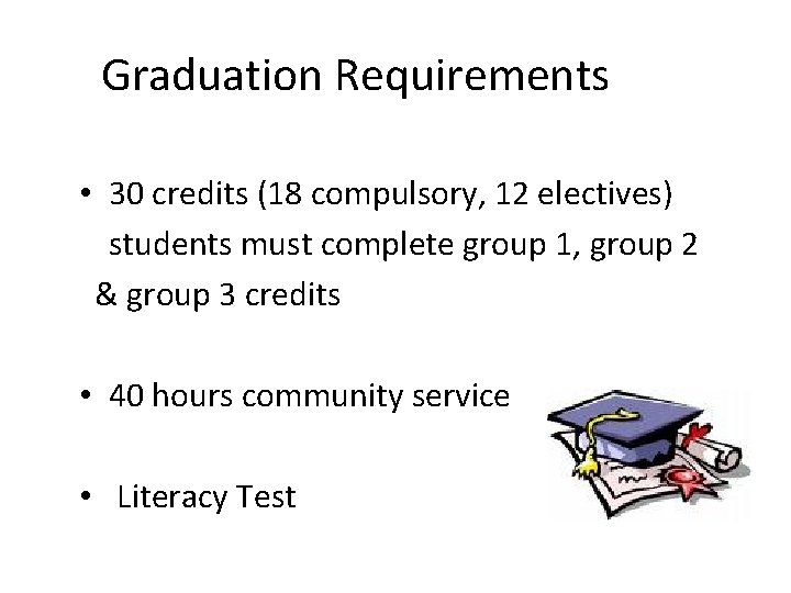 Graduation Requirements • 30 credits (18 compulsory, 12 electives) students must complete group 1,